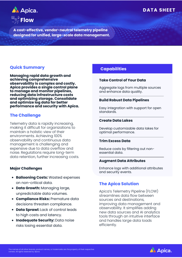 Product briefs, technical briefs, data sheets of Apica & its capabilities 30 Apica Telemetry Pipeline Solution